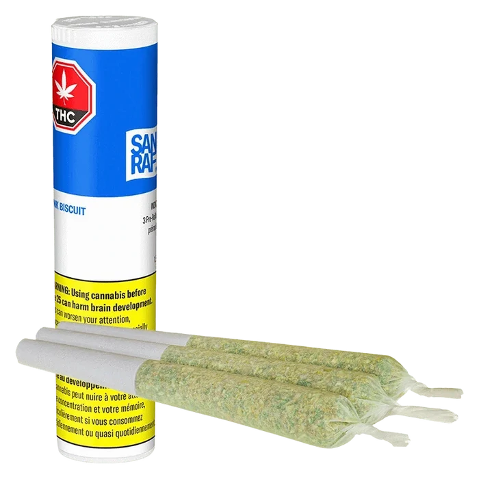Angled close-up of a blue-and-white tube with a THC symbol behind three pre-rolled joints, labeled Stink Biscuit PR 3 x 0.5 g.