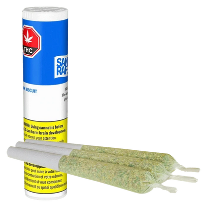 Angled close-up of a blue-and-white tube with a THC symbol behind three pre-rolled joints, labeled Stink Biscuit PR 3 x 0.5 g.