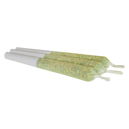 Three-quarter view of three green herb-filled Stink Biscuit PR 3 x 0.5 g pre-rolls lying parallel with twisted paper tips.