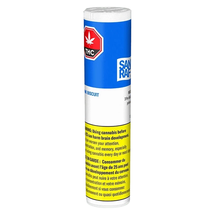 Tall front-facing tube of Stink Biscuit PR 3 x 0.5 g with blue, white, and yellow warning panels and a red THC symbol.