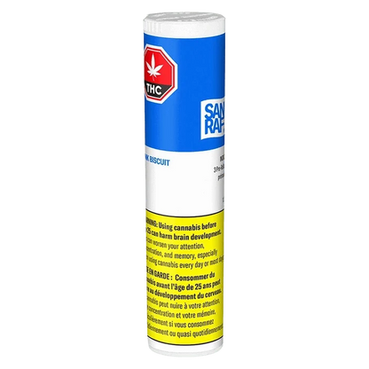 Tall front-facing tube of Stink Biscuit PR 3 x 0.5 g with blue, white, and yellow warning panels and a red THC symbol.