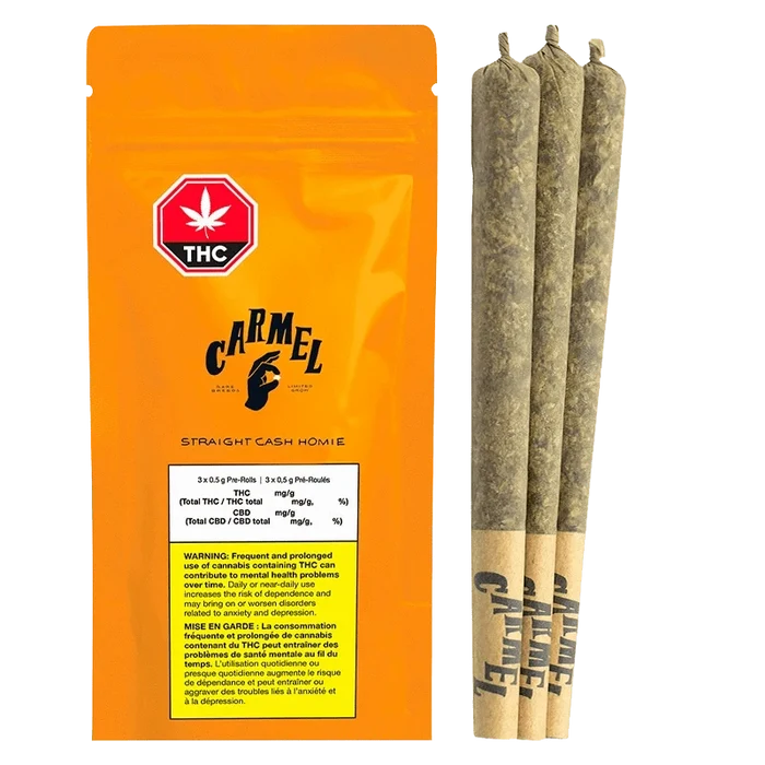 Three pre-rolled joints standing upright beside an orange pouch of Straight Cash Homie PR 3 x 0.5 g with bold black logo and THC warning label.