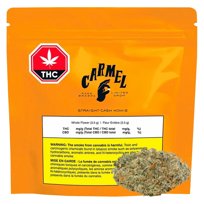 Front-facing shot of an orange pouch labeled Carmel Straight Cash Homie with a THC symbol and a 3.5 g white warning panel, a bud overlapping the lower right.