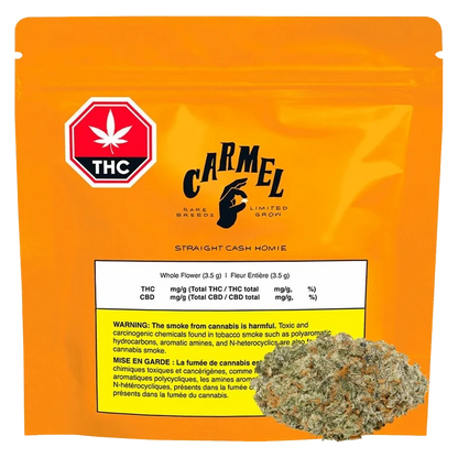 Front-facing shot of an orange pouch labeled Carmel Straight Cash Homie with a THC symbol and a 3.5 g white warning panel, a bud overlapping the lower right.