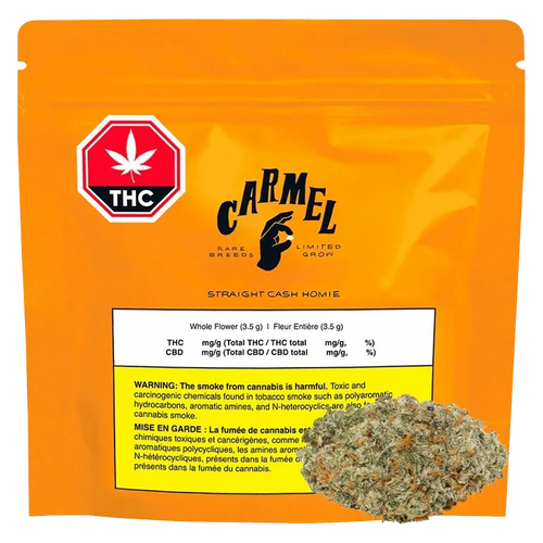 Front-facing shot of an orange pouch labeled Carmel Straight Cash Homie with a THC symbol and a 3.5 g white warning panel, a bud overlapping the lower right.