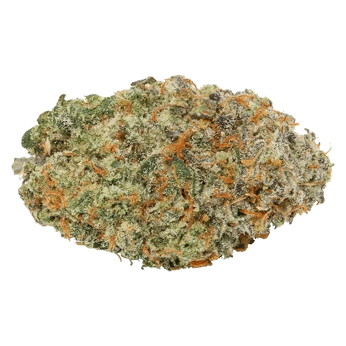 Close-up of a frosty, green-and-orange bud of Straight Cash Homie against a plain white background, shot from above.