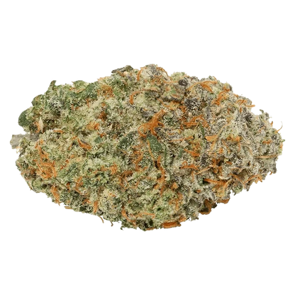 Close-up of a frosty, green-and-orange bud of Straight Cash Homie against a plain white background, shot from above.