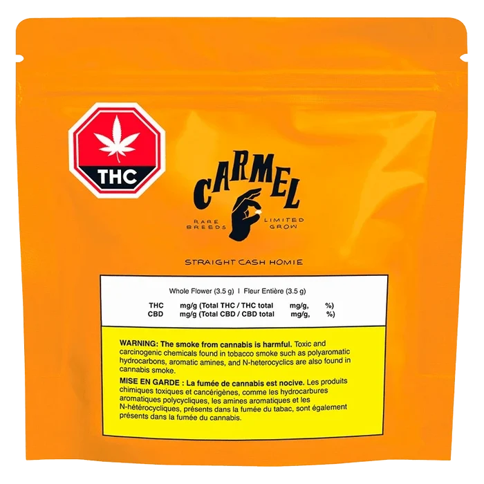 Front-facing shot of the bright orange Carmel Straight Cash Homie pouch with a THC symbol and a white warning panel at the bottom