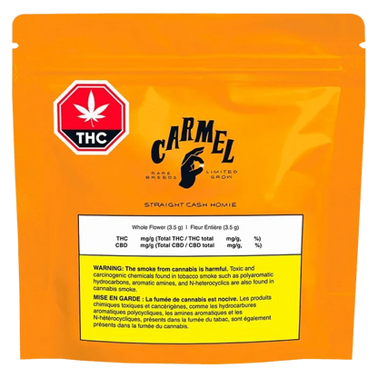 Front-facing shot of the bright orange Carmel Straight Cash Homie pouch with a THC symbol and a white warning panel at the bottom