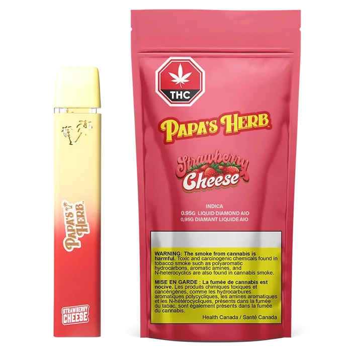 Front-facing shot of the Strawberry Cheesecake Liquid Diamond Disposable Vape standing next to its red Papa's Herb Strawberry Cheese pouch on a white background