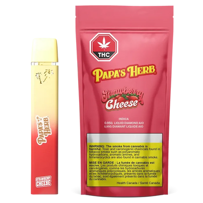 Front-facing shot of the Strawberry Cheesecake Liquid Diamond Disposable Vape standing next to its red Papa's Herb Strawberry Cheese pouch on a white background