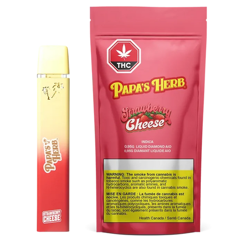 Front-facing shot of the Strawberry Cheesecake Liquid Diamond Disposable Vape standing next to its red Papa's Herb Strawberry Cheese pouch on a white background