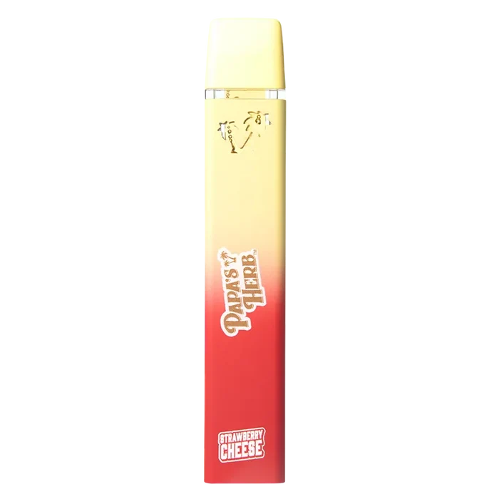 Top-down view of the Strawberry Cheesecake Liquid Diamond Disposable Vape showing its yellow-to-red gradient body and white "Papas Herb" and "Strawberry Cheese" logos.