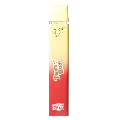 Top-down view of the Strawberry Cheesecake Liquid Diamond Disposable Vape showing its yellow-to-red gradient body and white "Papas Herb" and "Strawberry Cheese" logos.