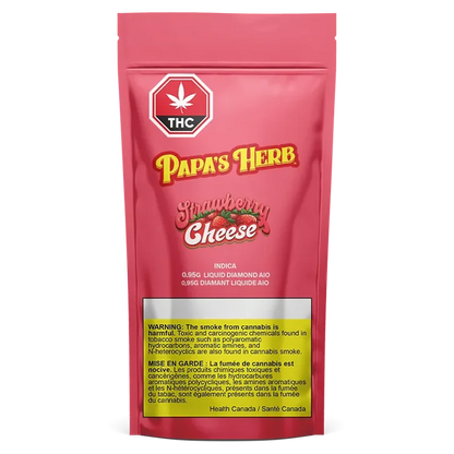 Front-facing shot of a pink pouch labeled Strawberry Cheesecake Liquid Diamond Disposable Vape with bold "Papa's Herb" logo.