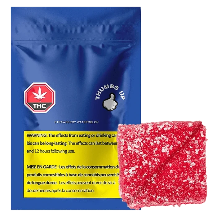 Front-facing blue pouch labeled Strawberry Watermelon Gummies with a close-up of a sugar-coated pink-red gummy in the lower right.