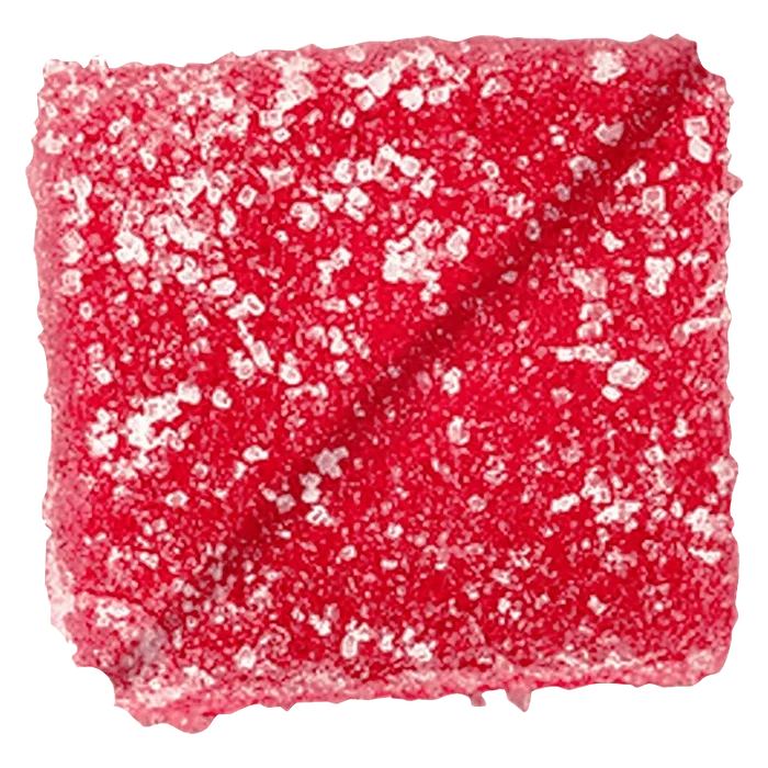 Close-up top view of a sugar-coated red square Strawberry Watermelon Gummies.