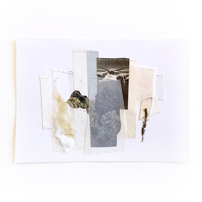 The artwork 'Suffolk No 2' by Linden Eller features a minimalist mixed media collage composition with layered paper fragments in whites and greys. Abstract vertical strips create a geometric arrangement, incorporating textural elements and subtle tonal variations. The 6x8 inch piece combines torn edges and precise cuts, with delicate shadows and weathered surfaces. By Linden Eller.