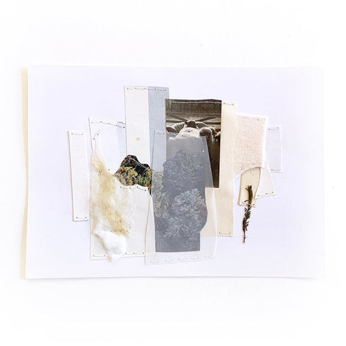 The artwork 'Suffolk No 2' by Linden Eller features a minimalist mixed media collage composition with layered paper fragments in whites and greys. Abstract vertical strips create a geometric arrangement, incorporating textural elements and subtle tonal variations. The 6x8 inch piece combines torn edges and precise cuts, with delicate shadows and weathered surfaces. By Linden Eller.