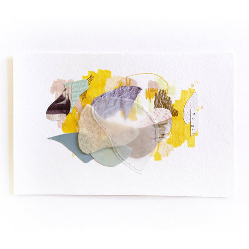 The artwork 'Sun Lace' by Linden Eller features an abstract mixed media composition on white paper, combining delicate pastel tones with vibrant yellow accents. Layered elements include translucent mint green shapes, cream-colored textural pieces, and subtle gray forms, creating a harmonious interplay of organic shapes and soft textures. Size: 6x8 inches. Mixed media on paper by Linden Eller.