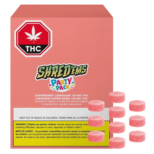 Front view of a coral box labeled "Superberry Lemonade MAX10 Gummies" with a THC symbol at top left and ten pink sugar-coated gummies stacked to the right.