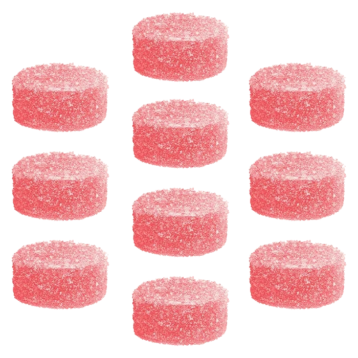 Top-down grid of ten sugar-coated pink discs labeled Superberry Lemonade MAX10 Gummies, each shown with granular sugar texture and soft lighting