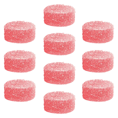 Top-down grid of ten sugar-coated pink discs labeled Superberry Lemonade MAX10 Gummies, each shown with granular sugar texture and soft lighting