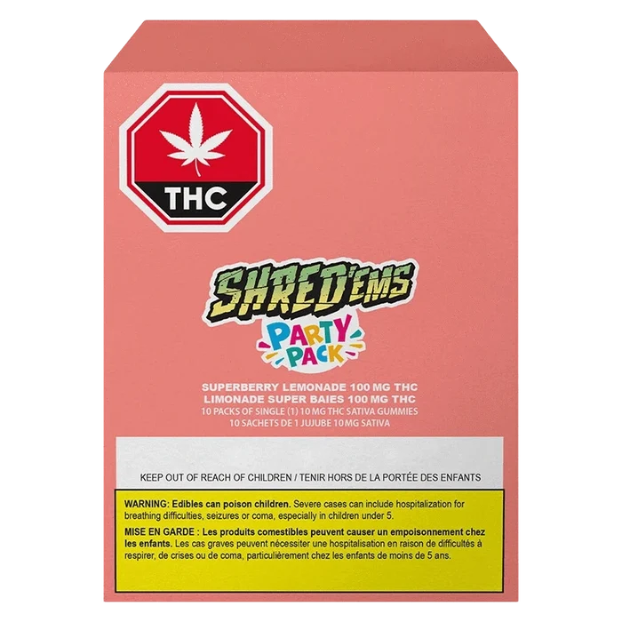 Front-facing pink box labeled "Superberry Lemonade MAX10 Gummies" with a THC stop sign, Shred'ems Party Pack logo, and warning panel.