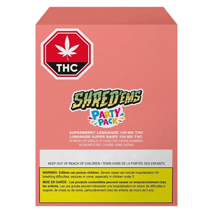 Front-facing pink box labeled "Superberry Lemonade MAX10 Gummies" with a THC stop sign, Shred'ems Party Pack logo, and warning panel.