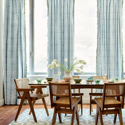 Suzy Sky custom curtains with subtle blue botanical pattern, made-to-order in the USA, quick quality craftsmanship