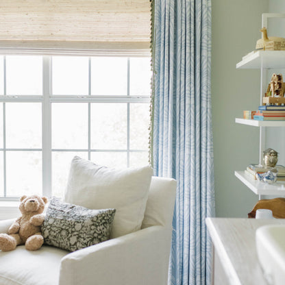 Suzy Sky made-to-order curtains in soft blue with leaf pattern, quick turnaround, quality crafted in the USA