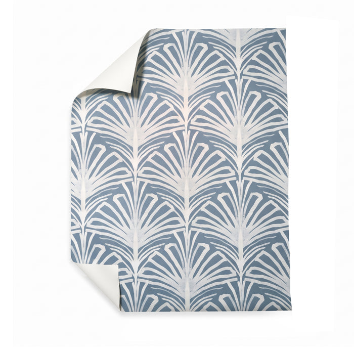 Suzy Steel wallpaper with a blue gray art deco fan pattern, made to order in the USA with short lead times