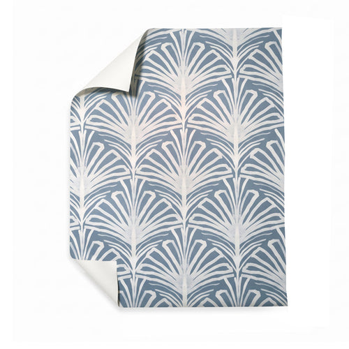 Suzy Steel wallpaper with a blue gray art deco fan pattern, made to order in the USA with short lead times