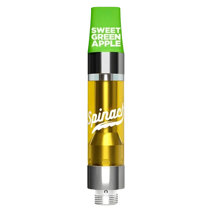 Center-front view of a Sweet Green Apple Liquid Diamonds Vape Cartridge with a green cap reading "SWEET GREEN APPLE" and a gold, branded cartridge body.