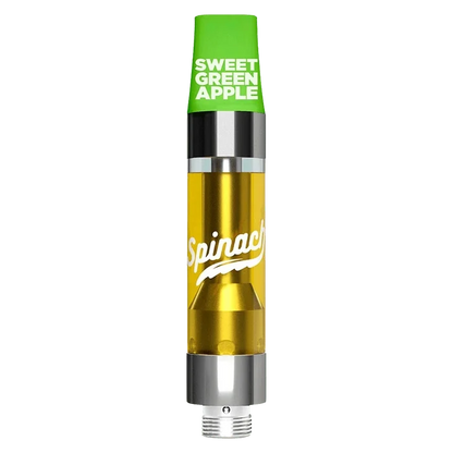 Center-front view of a Sweet Green Apple Liquid Diamonds Vape Cartridge with a green cap reading "SWEET GREEN APPLE" and a gold, branded cartridge body.