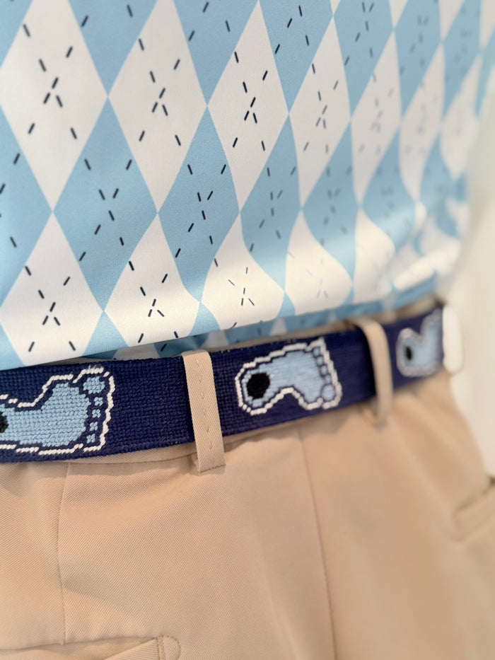 Tar Heels North Carolina Men's Belt in Navy Blue Needlepoint with Foot by Smathers and Branson - Detail View - Smathers & Branson