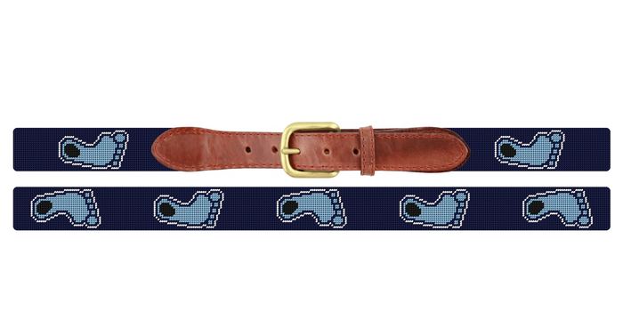 Tar Heels North Carolina Men's Belt in Navy Blue Needlepoint with Foot by Smathers and Branson - Lifestyle View - Smathers & Branson