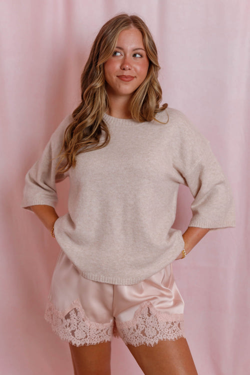 Beige Lightweight Knit Sweater- Women's Short Sleeve Sweater- Cashmere Like Sweater For Women