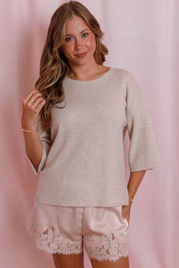 Beige Lightweight Knit Sweater- Women's Short Sleeve Sweater- Cashmere Like Sweater For Women