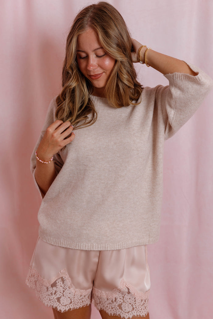 Beige Lightweight Knit Sweater- Women's Short Sleeve Sweater- Cashmere Like Sweater For Women