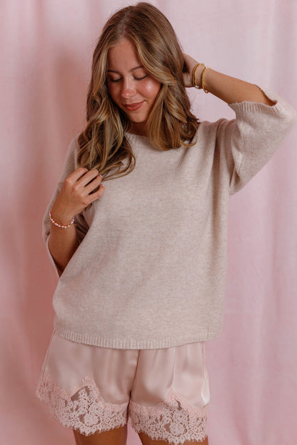 Beige Lightweight Knit Sweater- Women's Short Sleeve Sweater- Cashmere Like Sweater For Women