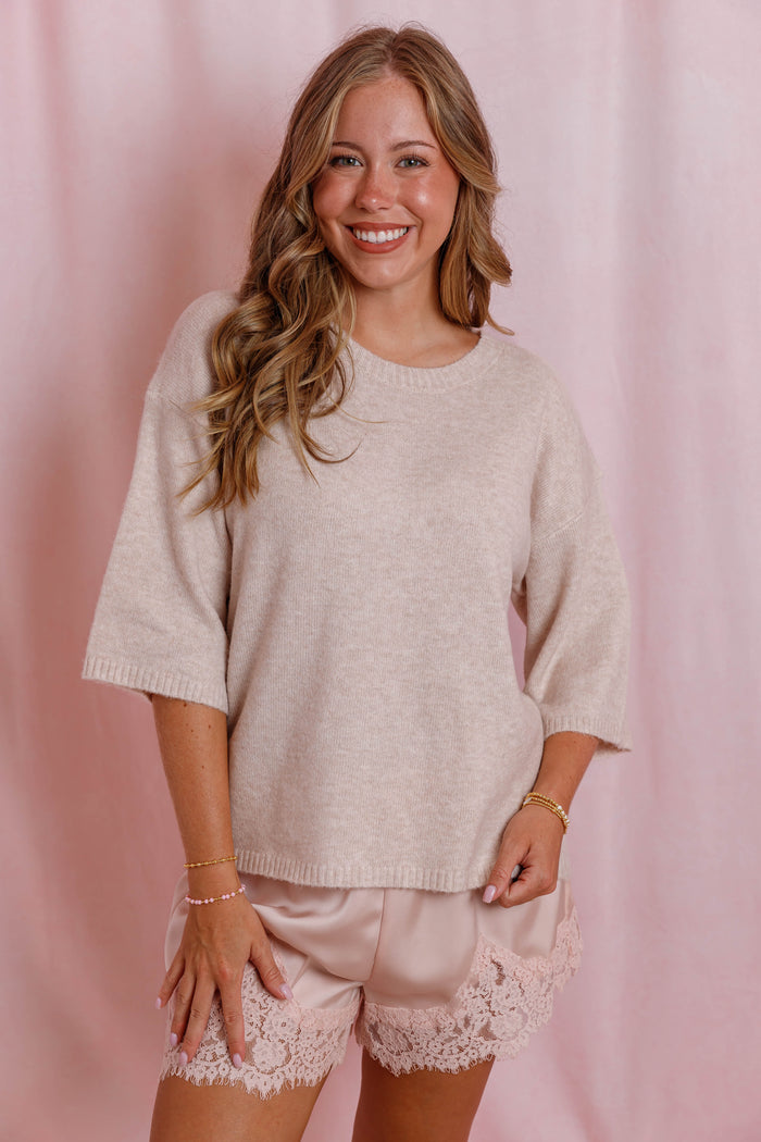 Beige Lightweight Knit Sweater- Women's Short Sleeve Sweater- Cashmere Like Sweater For Women