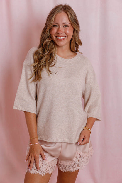 Beige Lightweight Knit Sweater- Women's Short Sleeve Sweater- Cashmere Like Sweater For Women
