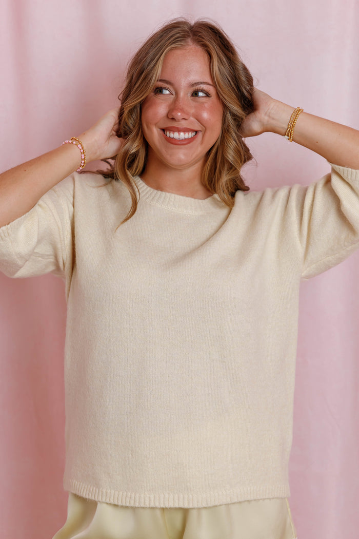 Yellow Lightweight Knit Sweater- Women's Short Sleeve Sweater- Cashmere Like Sweater For Women