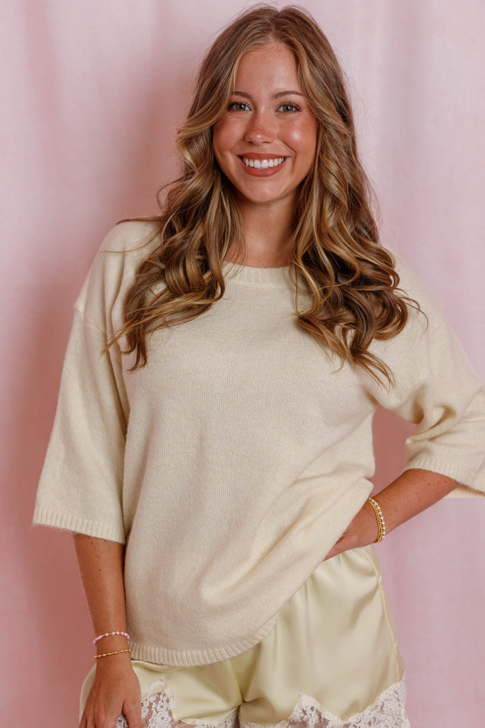 Yellow Lightweight Knit Sweater- Women's Short Sleeve Sweater- Cashmere Like Sweater For Women