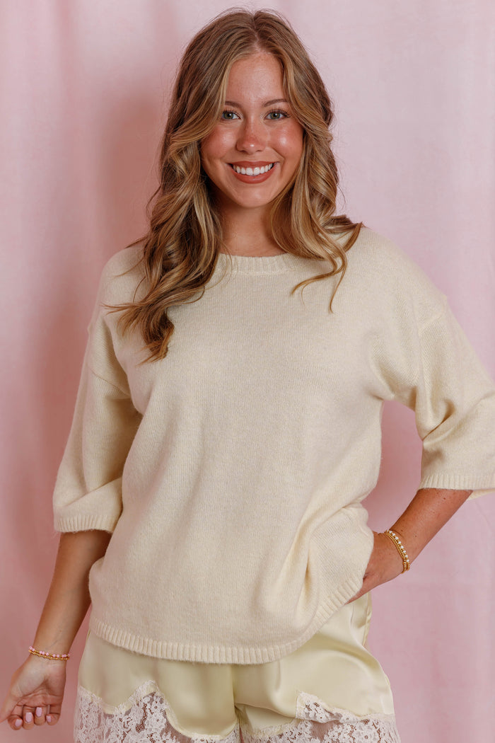 Yellow Lightweight Knit Sweater- Women's Short Sleeve Sweater- Cashmere Like Sweater For Women