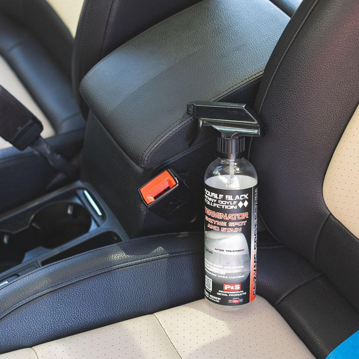 A bottle of P & S Terminator on a leather car seat.