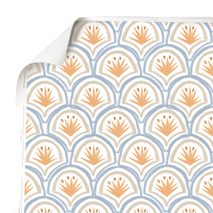 Thatcher Apricot made-to-order wallpaper with apricot and blue floral pattern, manufactured in the USA, fast quality production