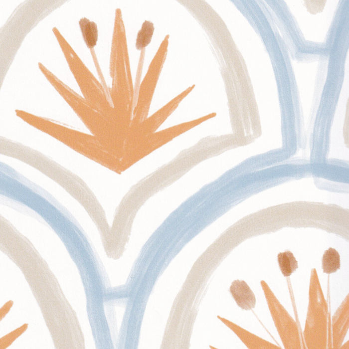 Thatcher Apricot made-to-order wallpaper with apricot and beige botanical motifs and blue accents, made in the USA quickly