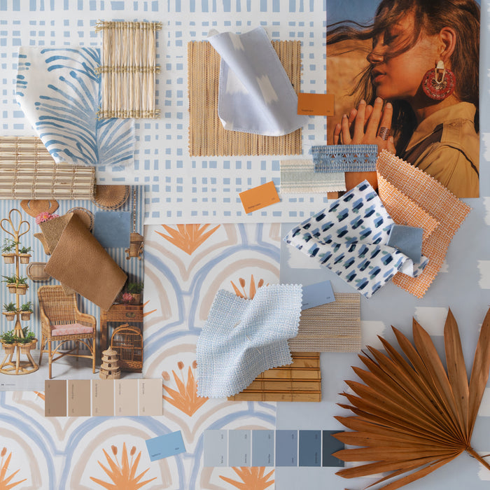 Thatcher Apricot made-to-order mood board with apricot and blue fabric swatches, crafted in the USA, fast quality production